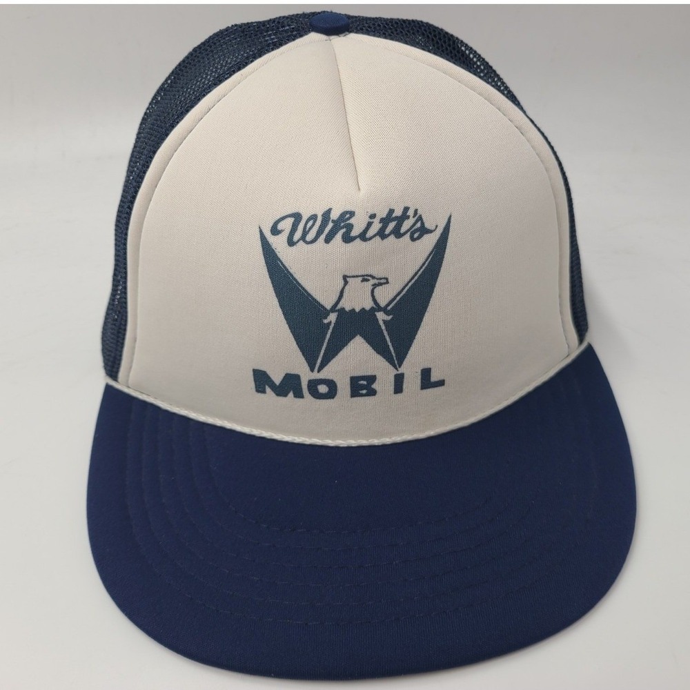 Vintage Whitts Mobil Eagle Logo Mesh Trucker Snapback Hat Cap Gas Oil White Blue